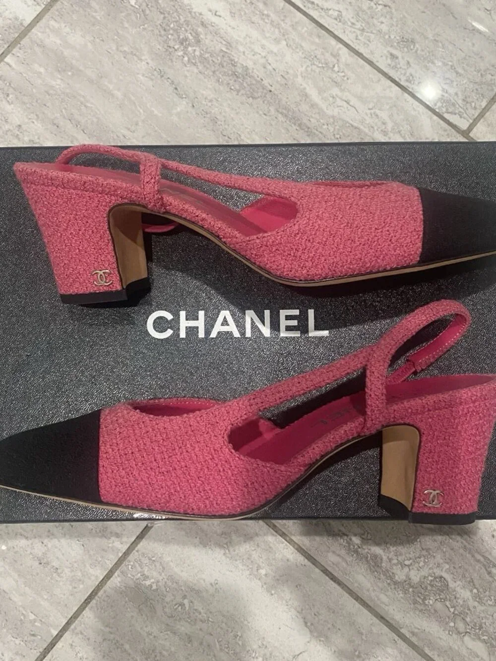 Chanel Slingback Tweed Pink & Black Grosgrain Pump Sandal Heels Women’s 38.5